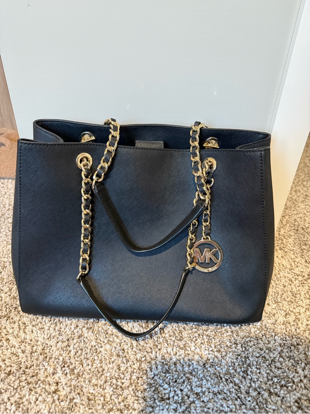 Michael Kors Black Leather Tote with Gold Chain Straps